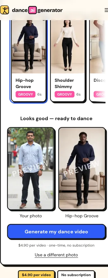 After a photo passes: your still next to the dance, with Generate my dance video